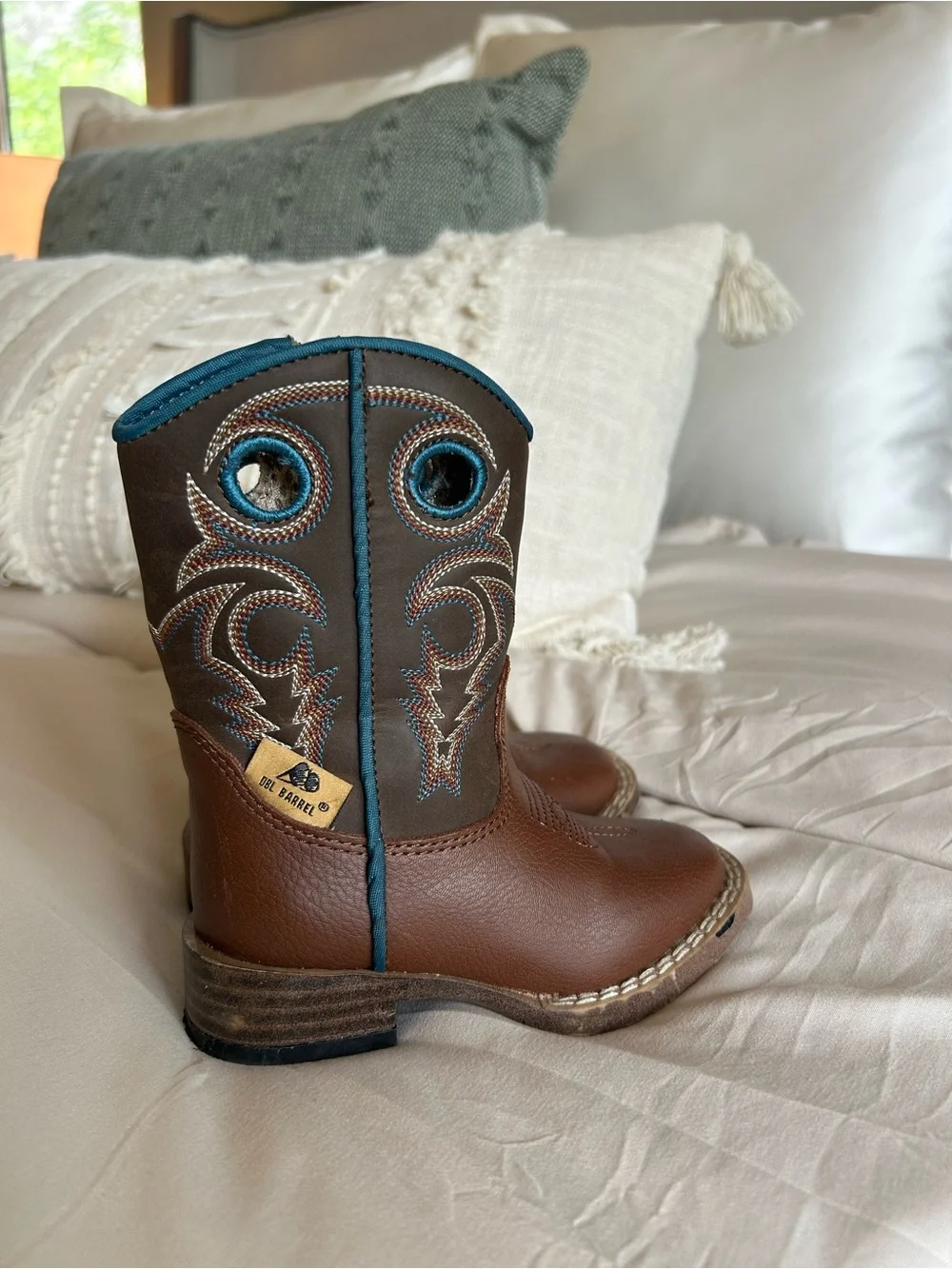 Dbl Barrel - Toddler Brown Cowboy Boots with Turquoise Trim